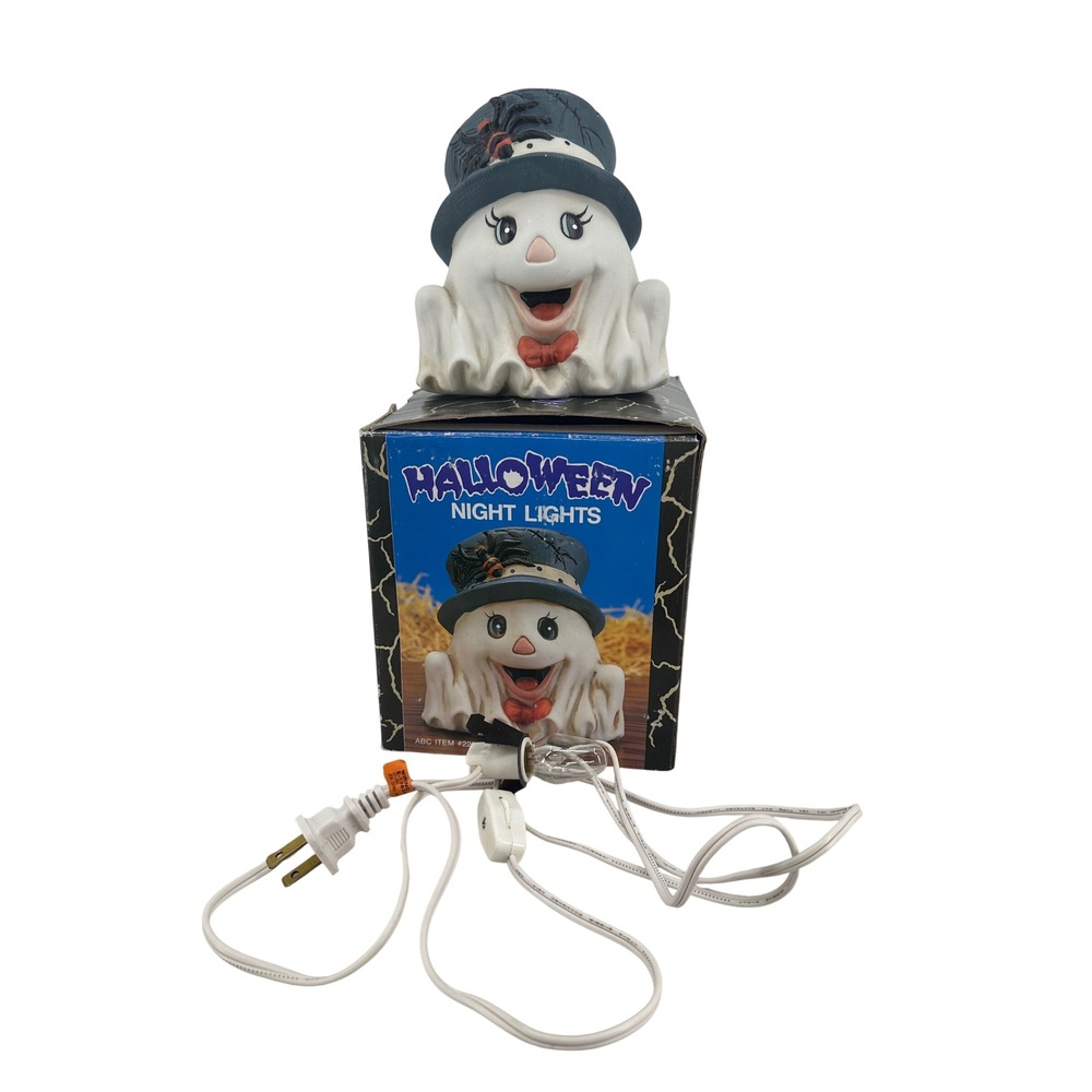 Vintage Halloween Night Light Ceramic Ghost Blue Top Hat Spider ABC Item 22346